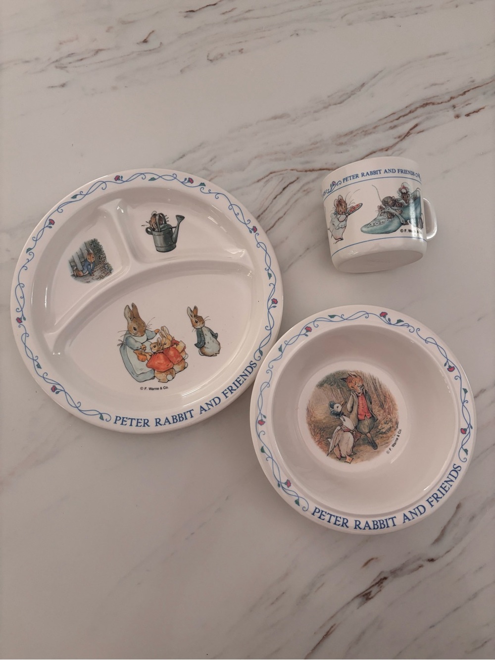 Vintage Peter Rabbit and Friends Melamine Kids Dish Set Sectioned Plate Bowl Cup